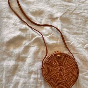 Round Woven Tan Crossbody Bag
